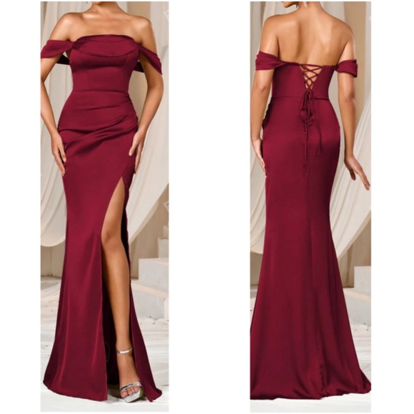 Luxe Satin Off Shoulder Lace up Split Thigh Formal Party Wedding Dress - Picture 5 of 6